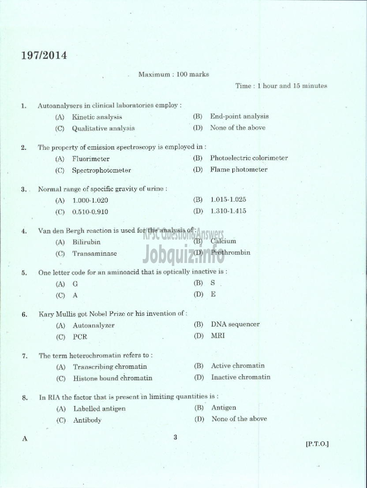 Kerala PSC Question Paper - JUNIOR SCIENTIFIC OFFICER HEALTH SERVICES-1