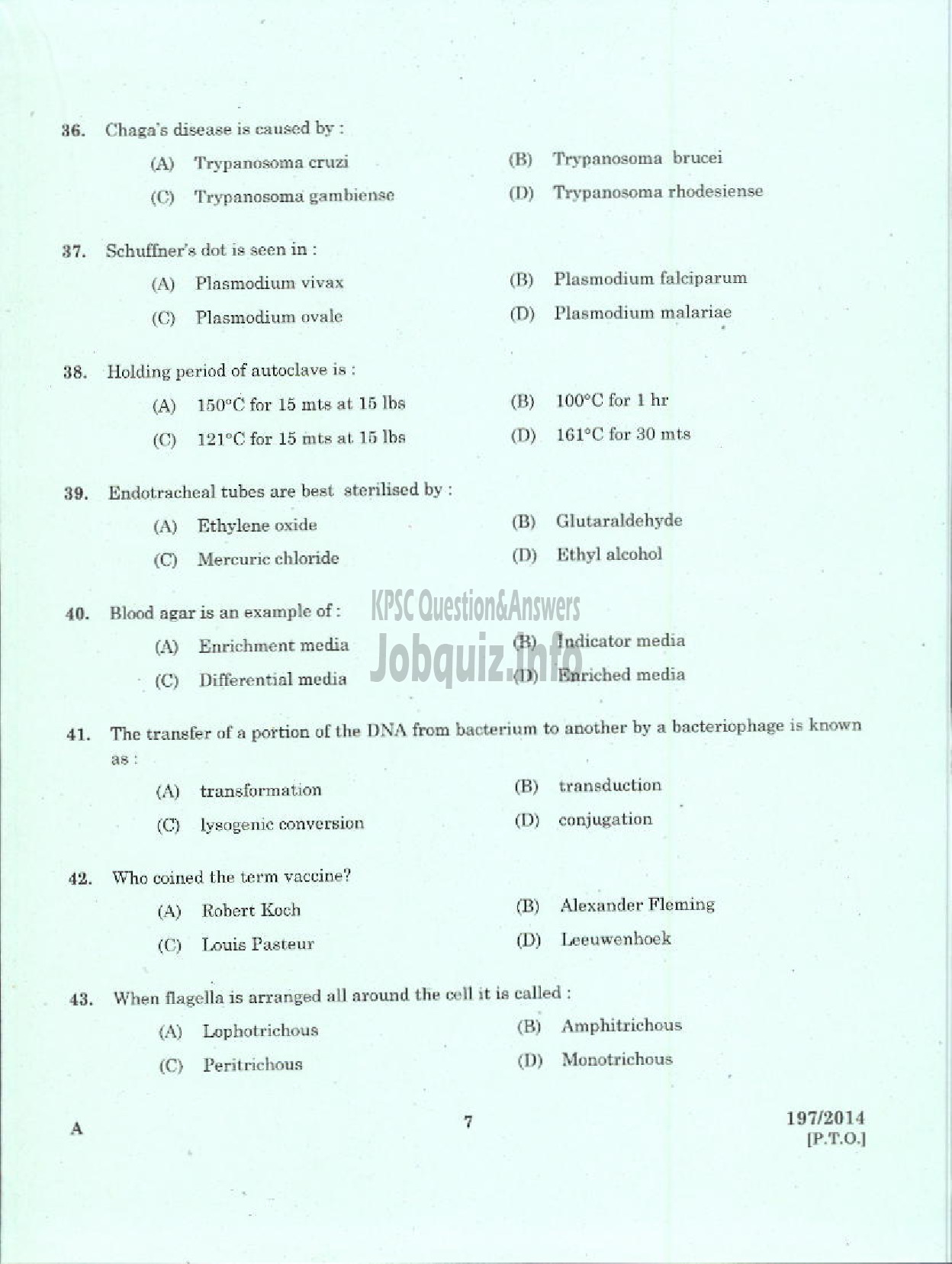 Kerala PSC Question Paper - JUNIOR SCIENTIFIC OFFICER HEALTH SERVICES-5