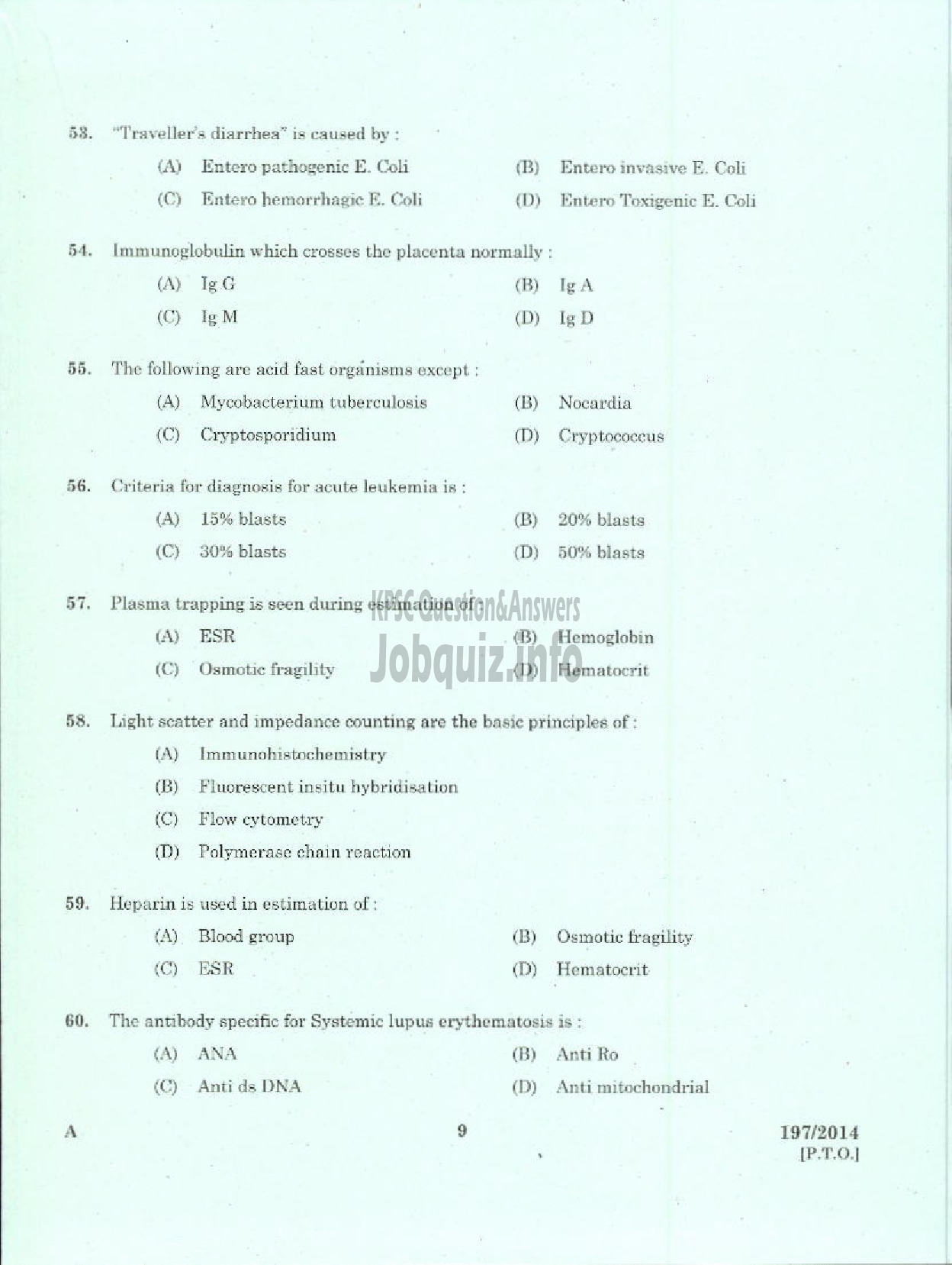 Kerala PSC Question Paper - JUNIOR SCIENTIFIC OFFICER HEALTH SERVICES-7