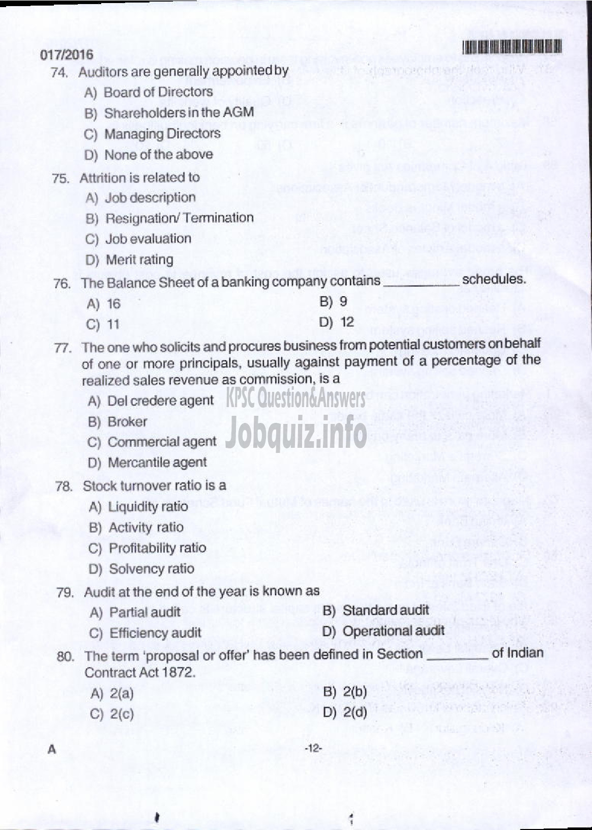 Kerala PSC Question Paper - JUNIOR SUPERINTENDENT P AND A KSCCF LTD-10