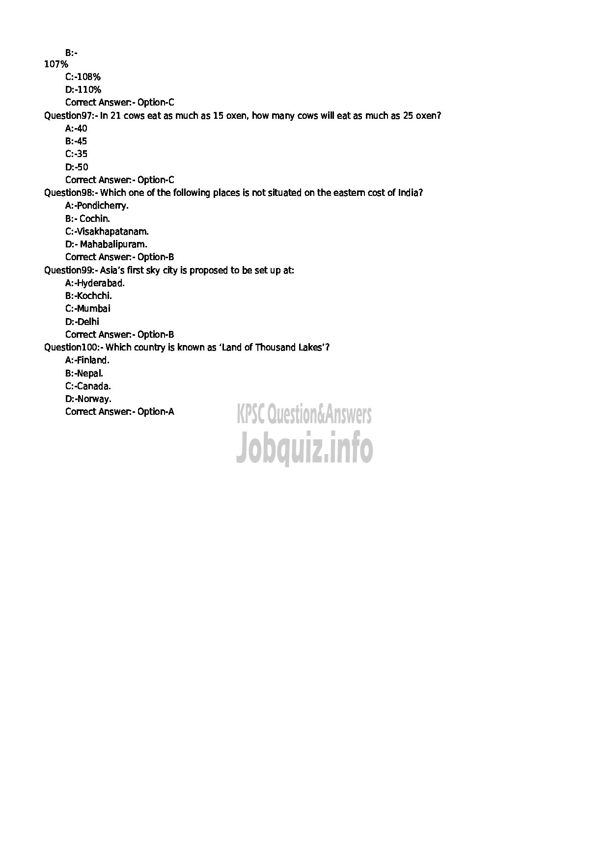 Kerala PSC Question Paper - JUNIOR SUPERVISOR THE KERALA MINERALS AND METAL LIMITED-12