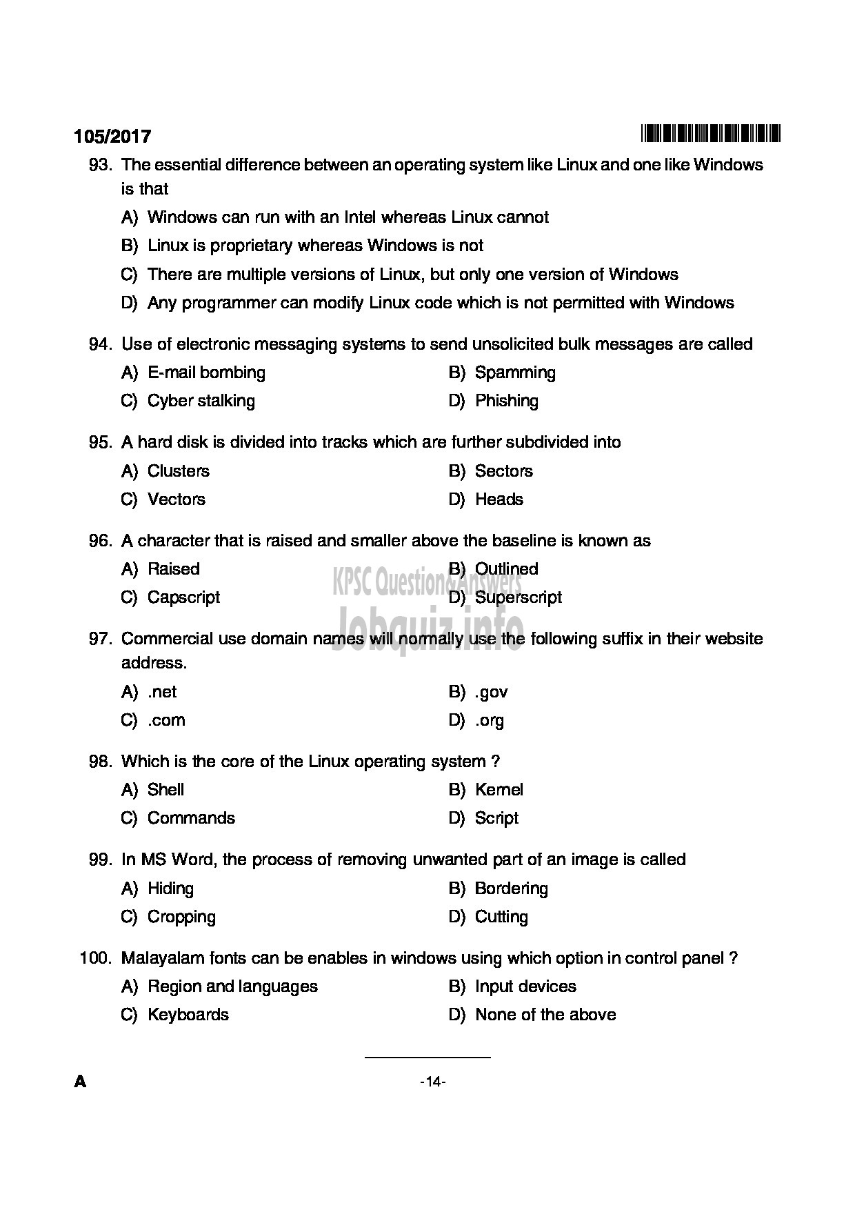 Kerala PSC Question Paper - JUNIOR SYSTEMS OFFICER KERALA CO OPERATIVE MILK MARKETING FEDERATION LIMITED GENERAL AND SOCIETY-14