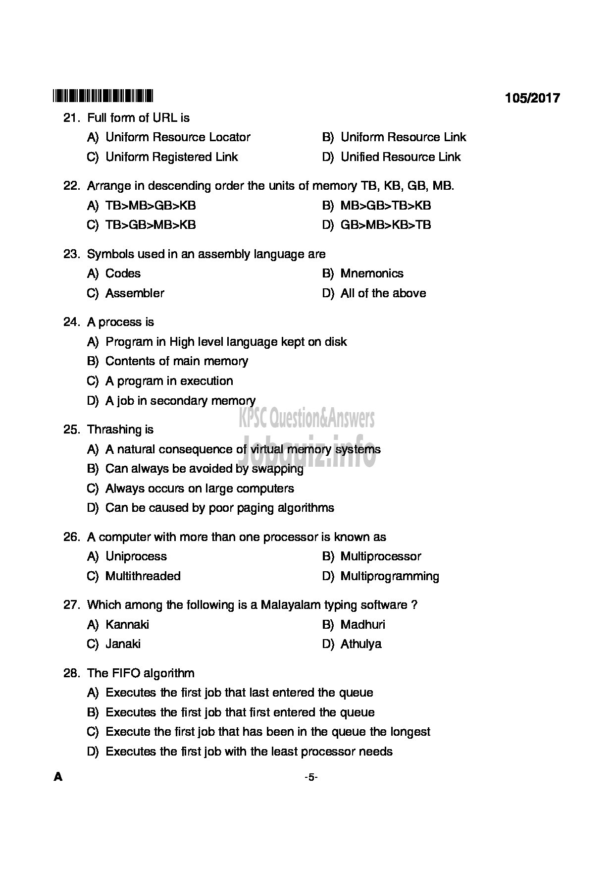 Kerala PSC Question Paper - JUNIOR SYSTEMS OFFICER KERALA CO OPERATIVE MILK MARKETING FEDERATION LIMITED GENERAL AND SOCIETY-5