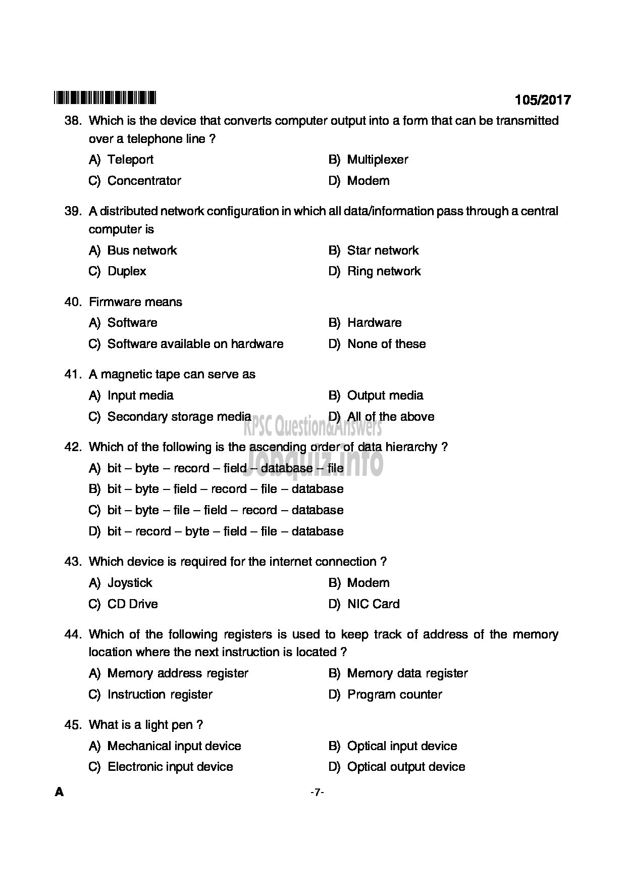 Kerala PSC Question Paper - JUNIOR SYSTEMS OFFICER KERALA CO OPERATIVE MILK MARKETING FEDERATION LIMITED GENERAL AND SOCIETY-7