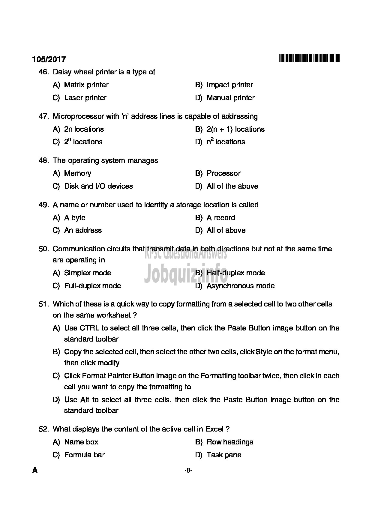 Kerala PSC Question Paper - JUNIOR SYSTEMS OFFICER KERALA CO OPERATIVE MILK MARKETING FEDERATION LIMITED GENERAL AND SOCIETY-8