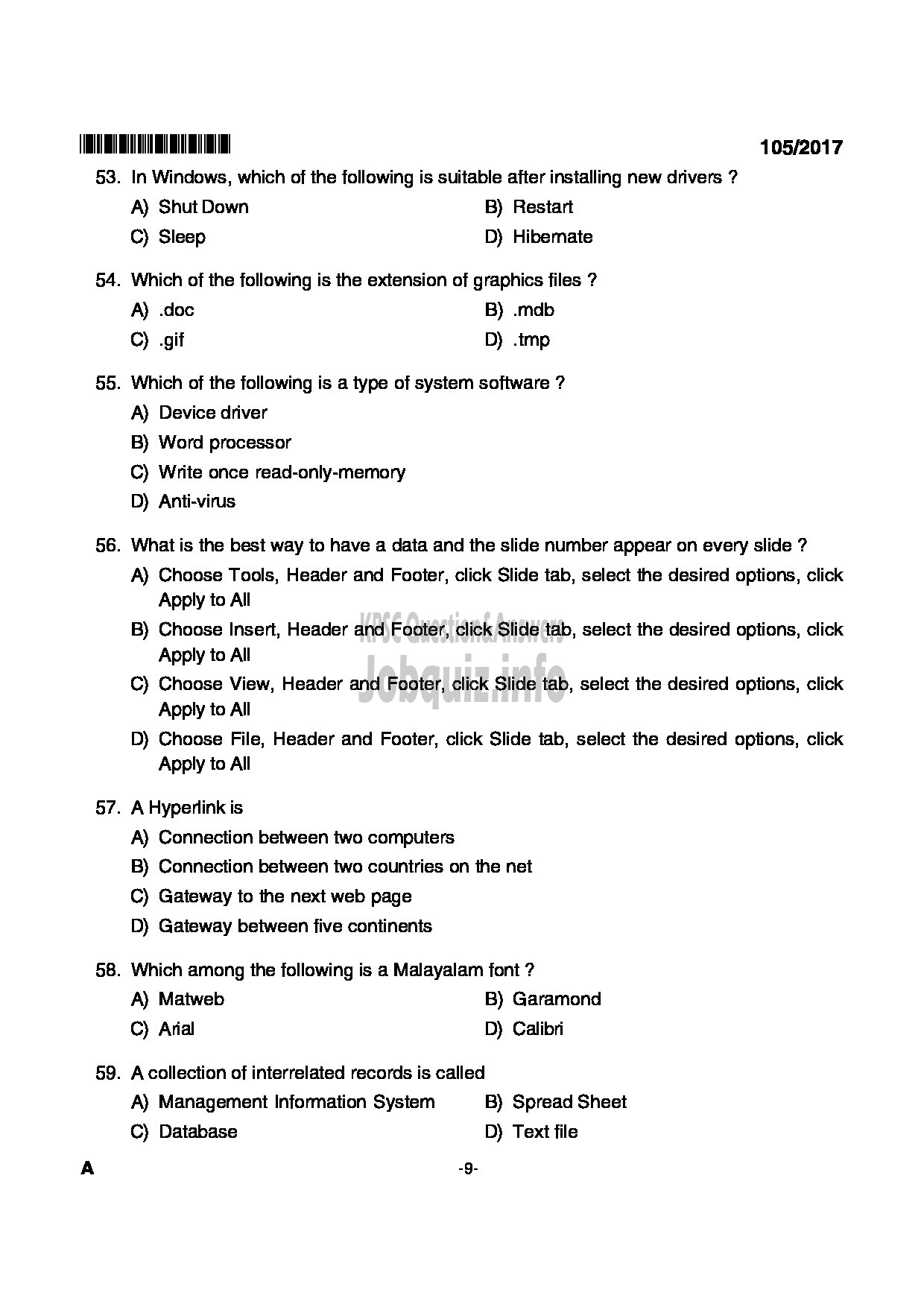 Kerala PSC Question Paper - JUNIOR SYSTEMS OFFICER KERALA CO OPERATIVE MILK MARKETING FEDERATION LIMITED GENERAL AND SOCIETY-9