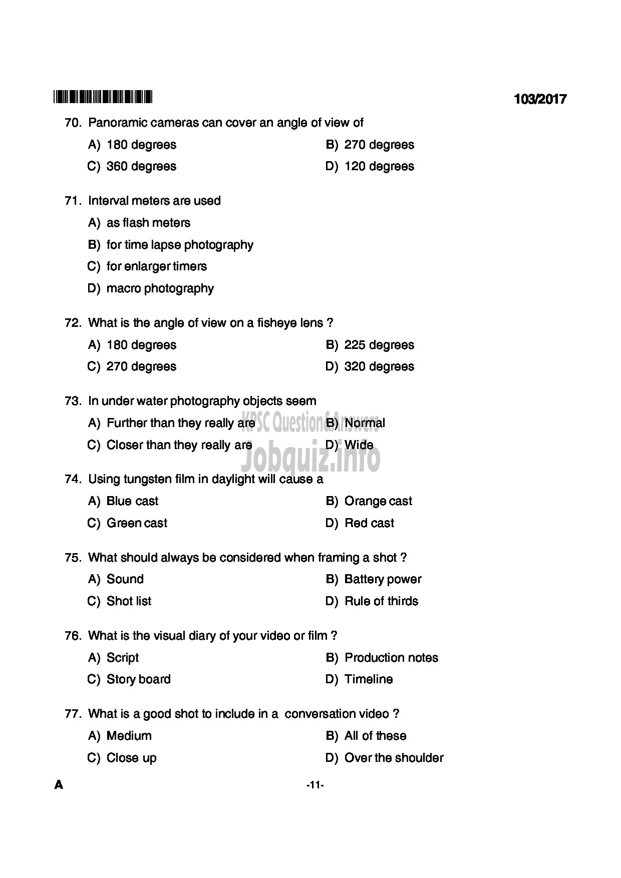 Kerala PSC Question Paper - JUNIUOR INSTRUCTOR DIGITAL PHOTOGRAPHER INDUSTRIAL TRAINING-11