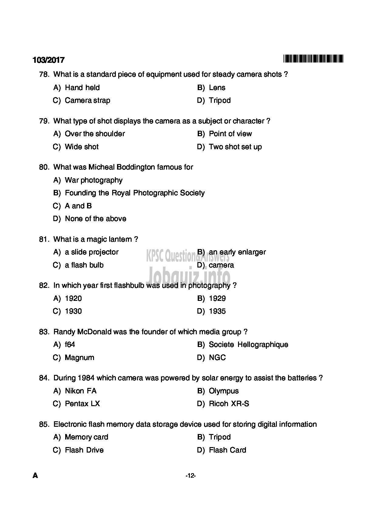 Kerala PSC Question Paper - JUNIUOR INSTRUCTOR DIGITAL PHOTOGRAPHER INDUSTRIAL TRAINING-12