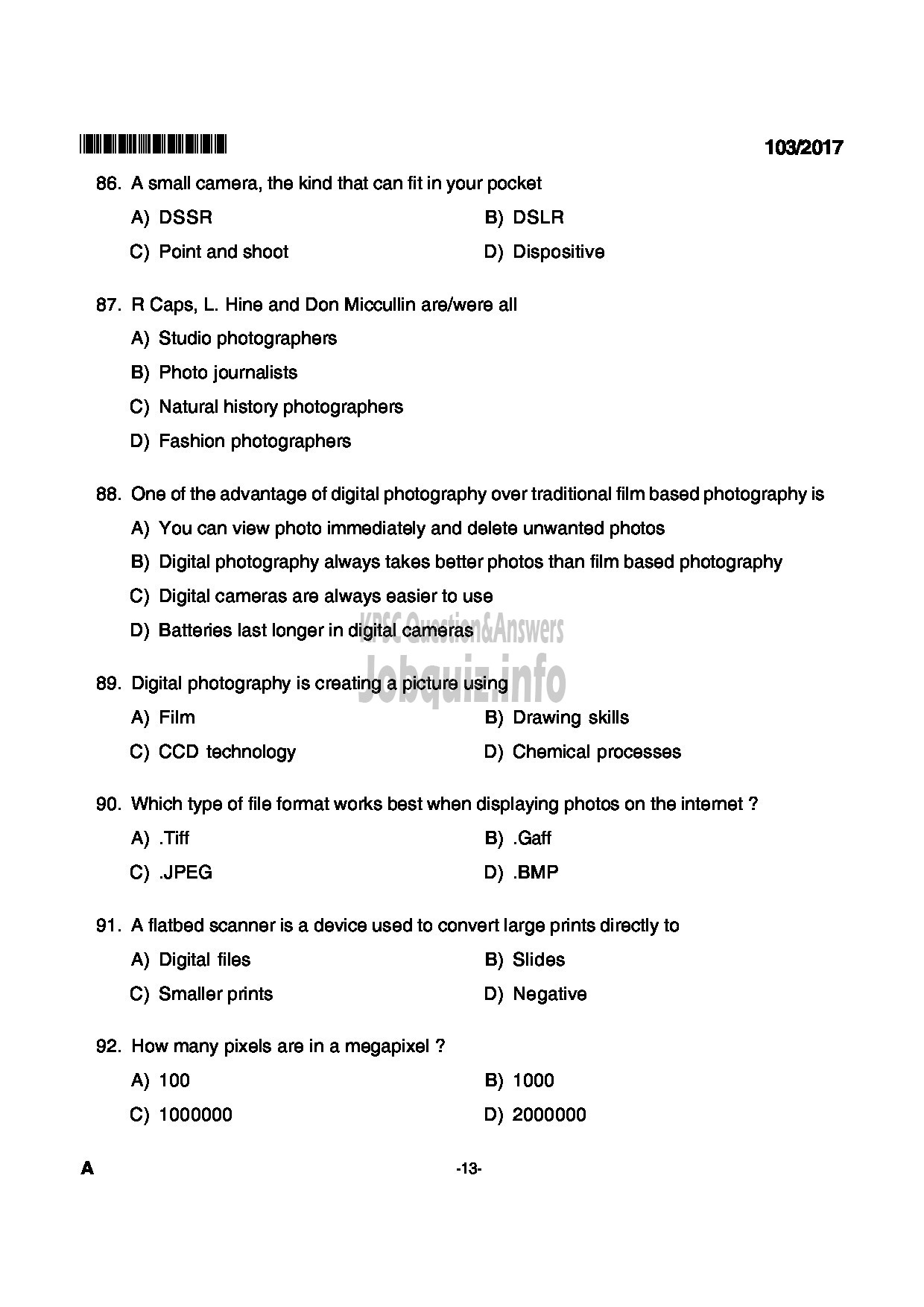 Kerala PSC Question Paper - JUNIUOR INSTRUCTOR DIGITAL PHOTOGRAPHER INDUSTRIAL TRAINING-13