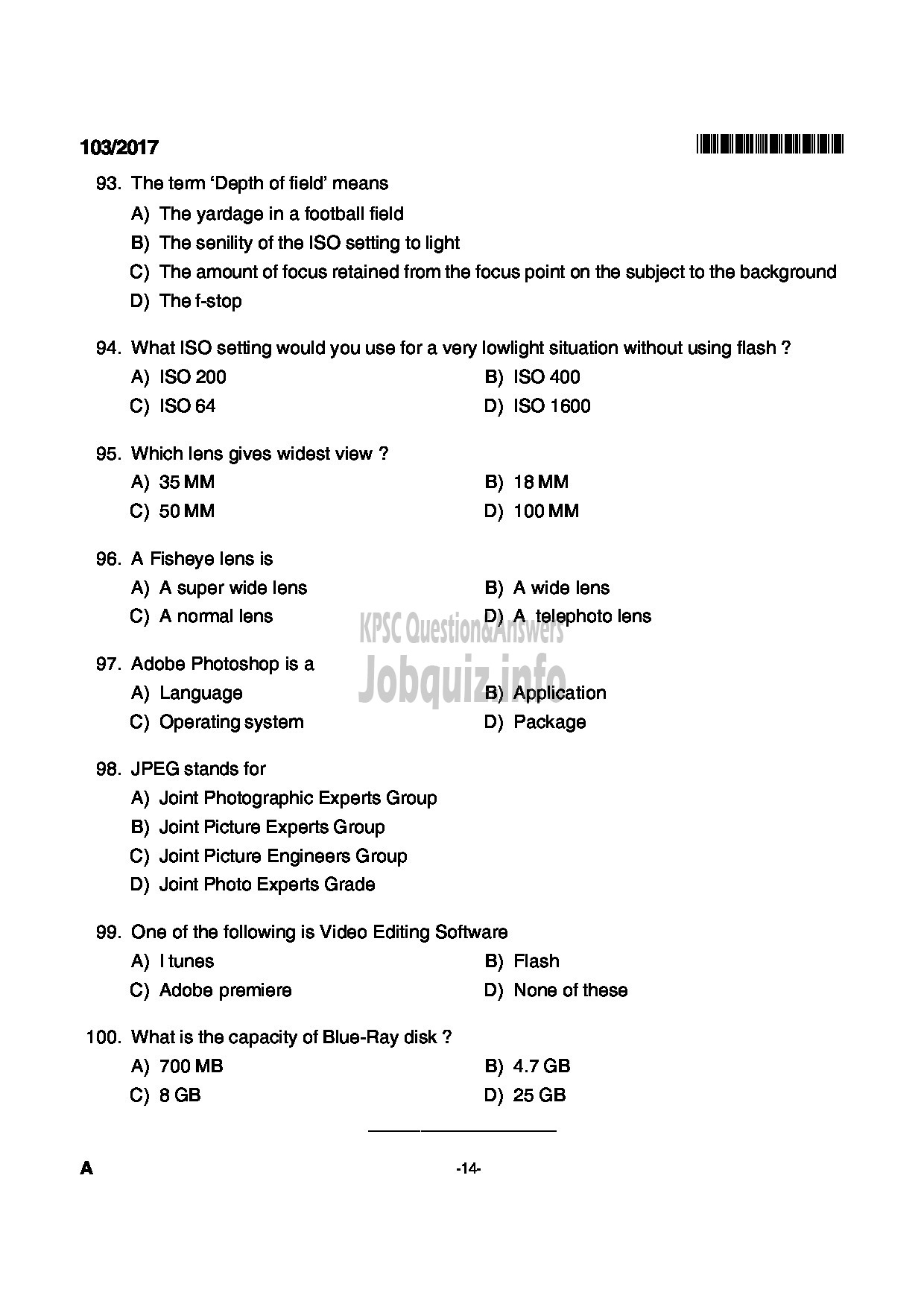 Kerala PSC Question Paper - JUNIUOR INSTRUCTOR DIGITAL PHOTOGRAPHER INDUSTRIAL TRAINING-14