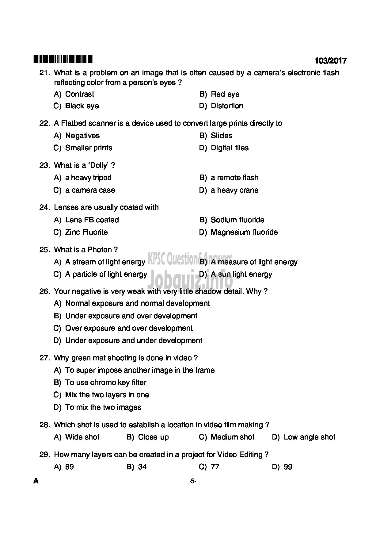 Kerala PSC Question Paper - JUNIUOR INSTRUCTOR DIGITAL PHOTOGRAPHER INDUSTRIAL TRAINING-5