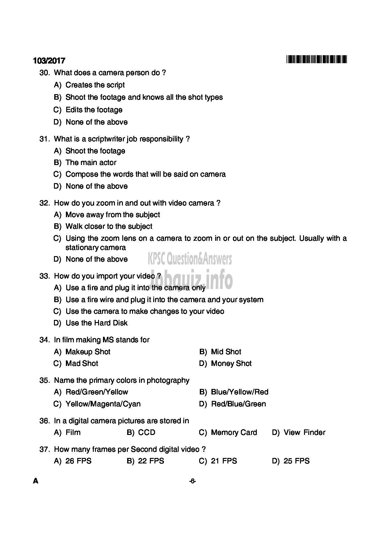 Kerala PSC Question Paper - JUNIUOR INSTRUCTOR DIGITAL PHOTOGRAPHER INDUSTRIAL TRAINING-6