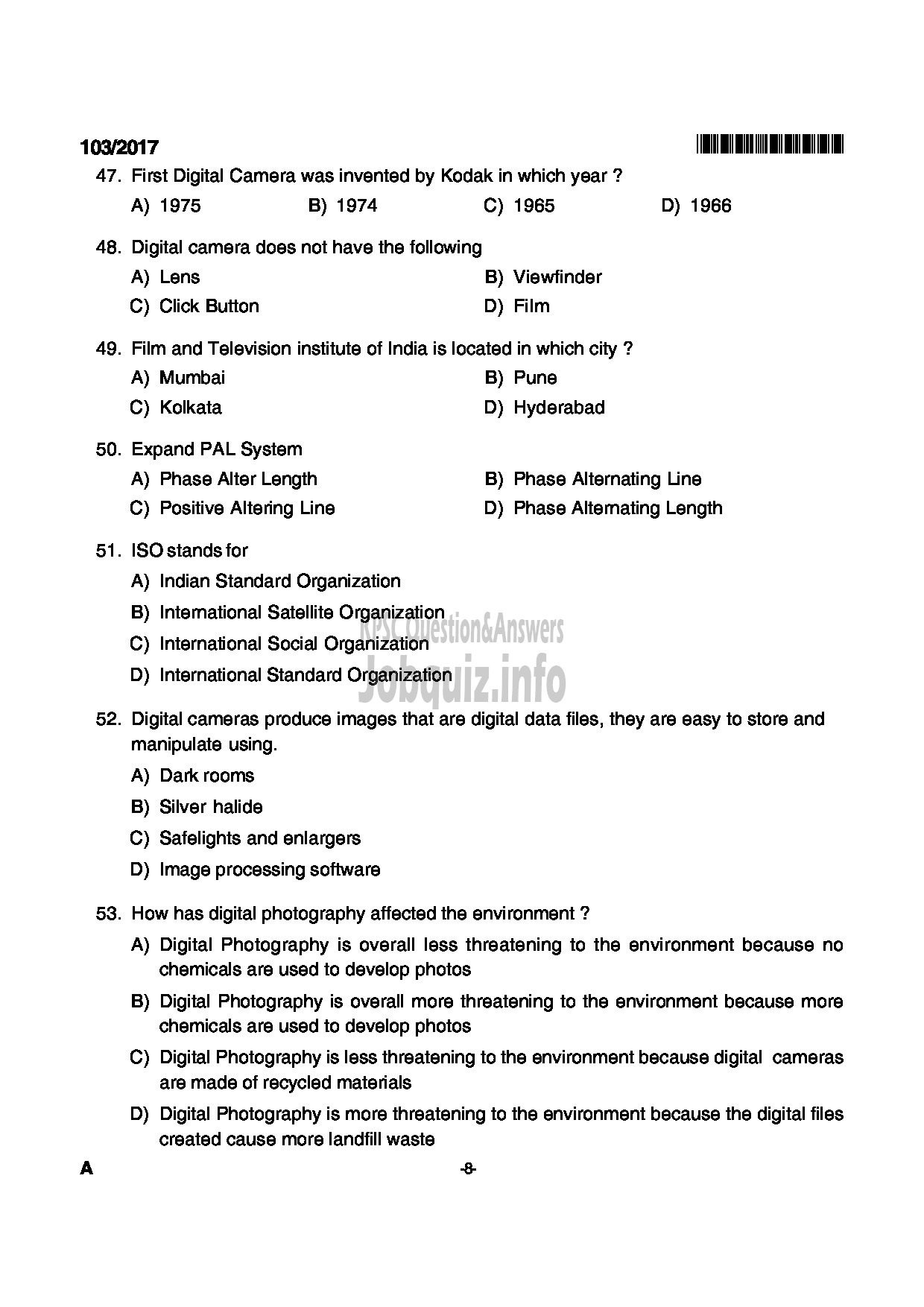 Kerala PSC Question Paper - JUNIUOR INSTRUCTOR DIGITAL PHOTOGRAPHER INDUSTRIAL TRAINING-8