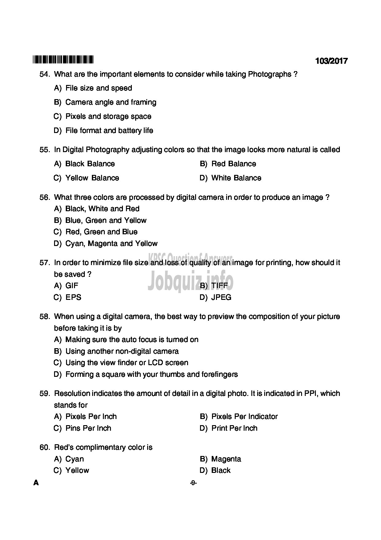 Kerala PSC Question Paper - JUNIUOR INSTRUCTOR DIGITAL PHOTOGRAPHER INDUSTRIAL TRAINING-9