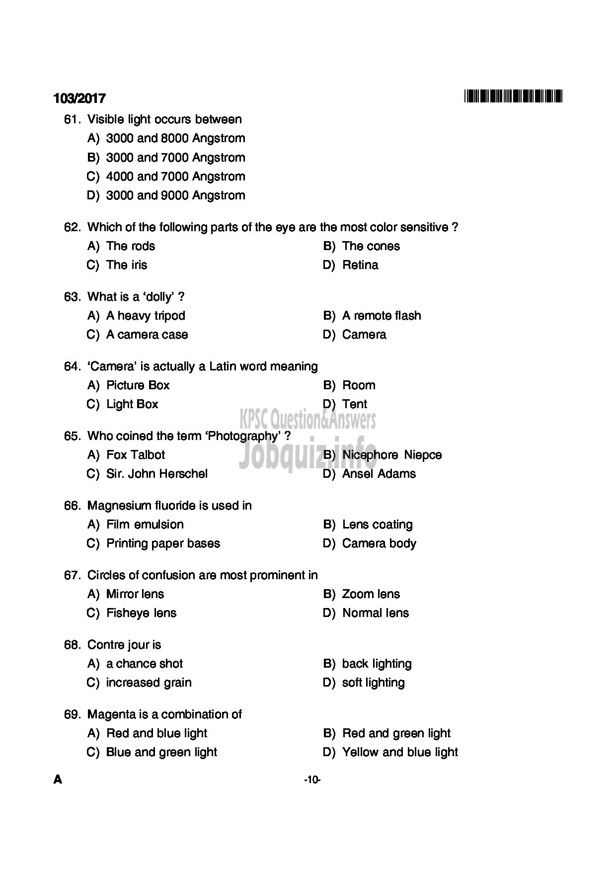 Kerala PSC Question Paper - JUNIUOR INSTRUCTOR DIGITAL PHOTOGRAPHER INDUSTRIAL TRAINING-10