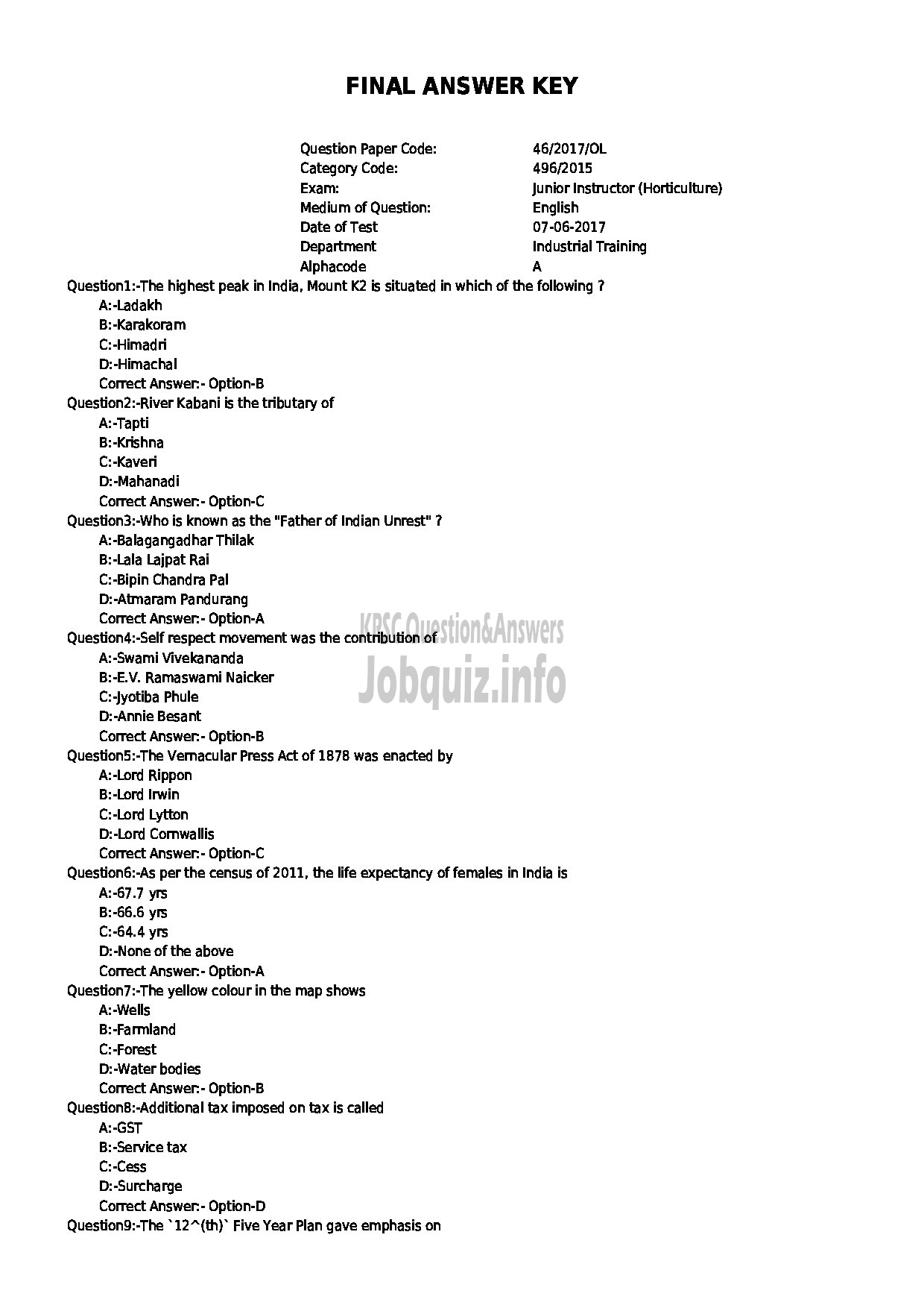 Kerala PSC Question Paper - JUNIUOR INSTRUCTOR HORTICULTURE INDUSTRIAL TRAINING-1