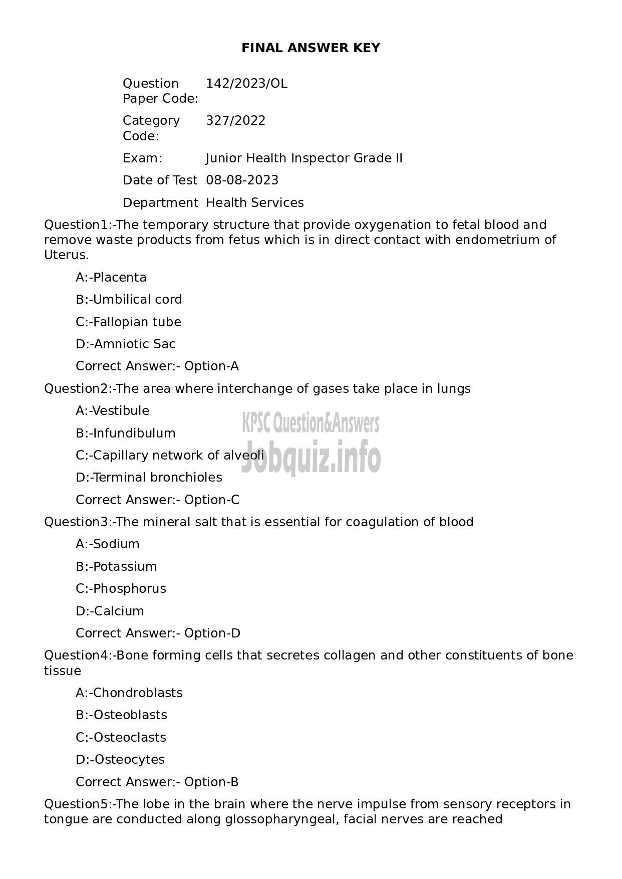 Kerala PSC Question Paper - Junior Health Inspector Grade II-1