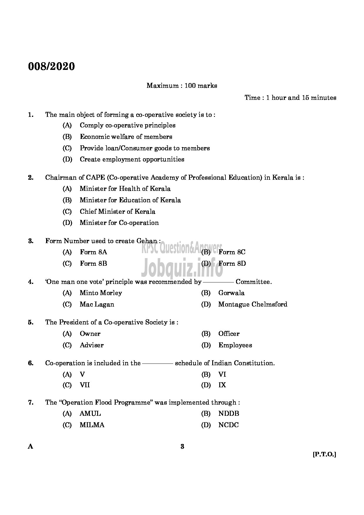 Kerala PSC Question Paper - Junior Inspector Of Co Operative Societies Co Operation-1