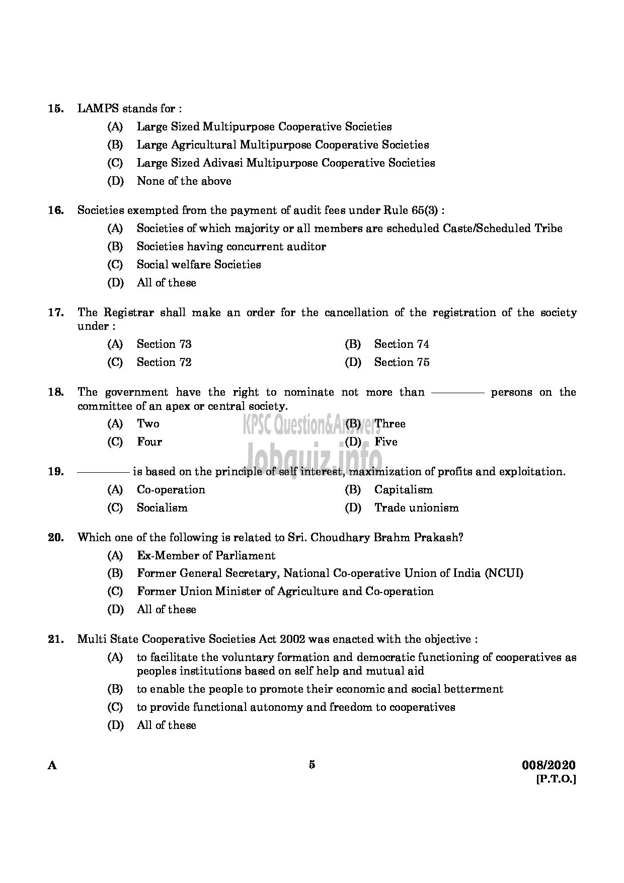 Kerala PSC Question Paper - Junior Inspector Of Co Operative Societies Co Operation-3