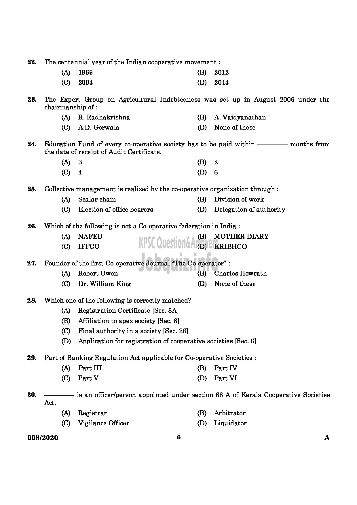 Kerala PSC Question Paper - Junior Inspector Of Co Operative Societies Co Operation-4