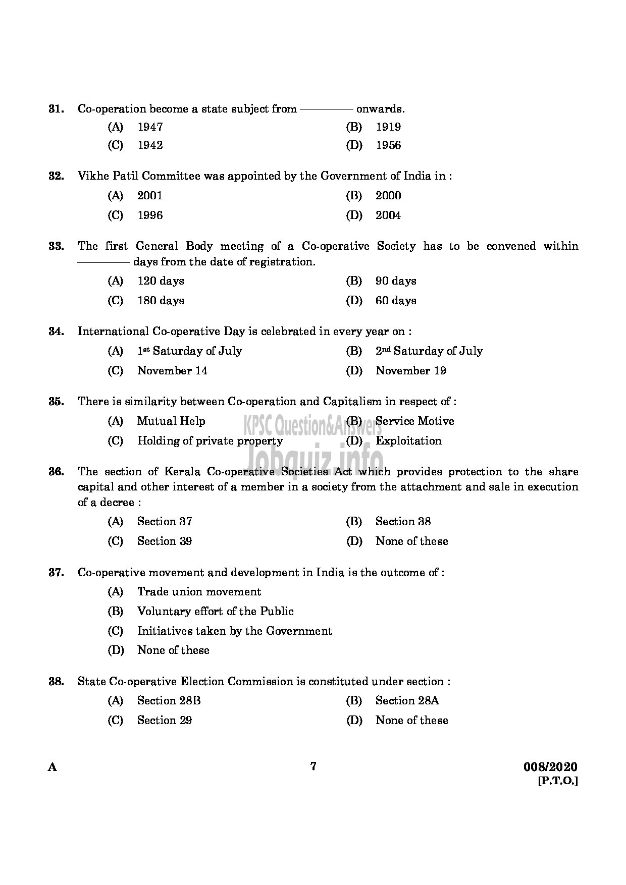 Kerala PSC Question Paper - Junior Inspector Of Co Operative Societies Co Operation-5