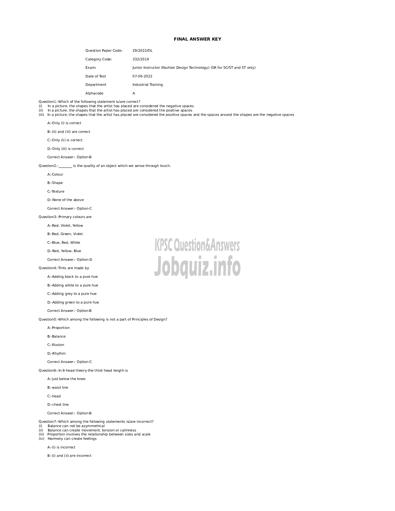 Kerala PSC Question Paper - Junior Instructor (Fashion Design Technology) (SR for SC/ST and ST only)-1