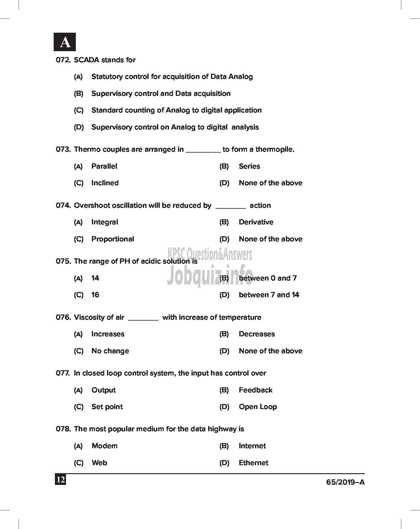 Kerala PSC Question Paper - Junior Instructor (Instrument Mechanic) Industrial Training Dept English -12