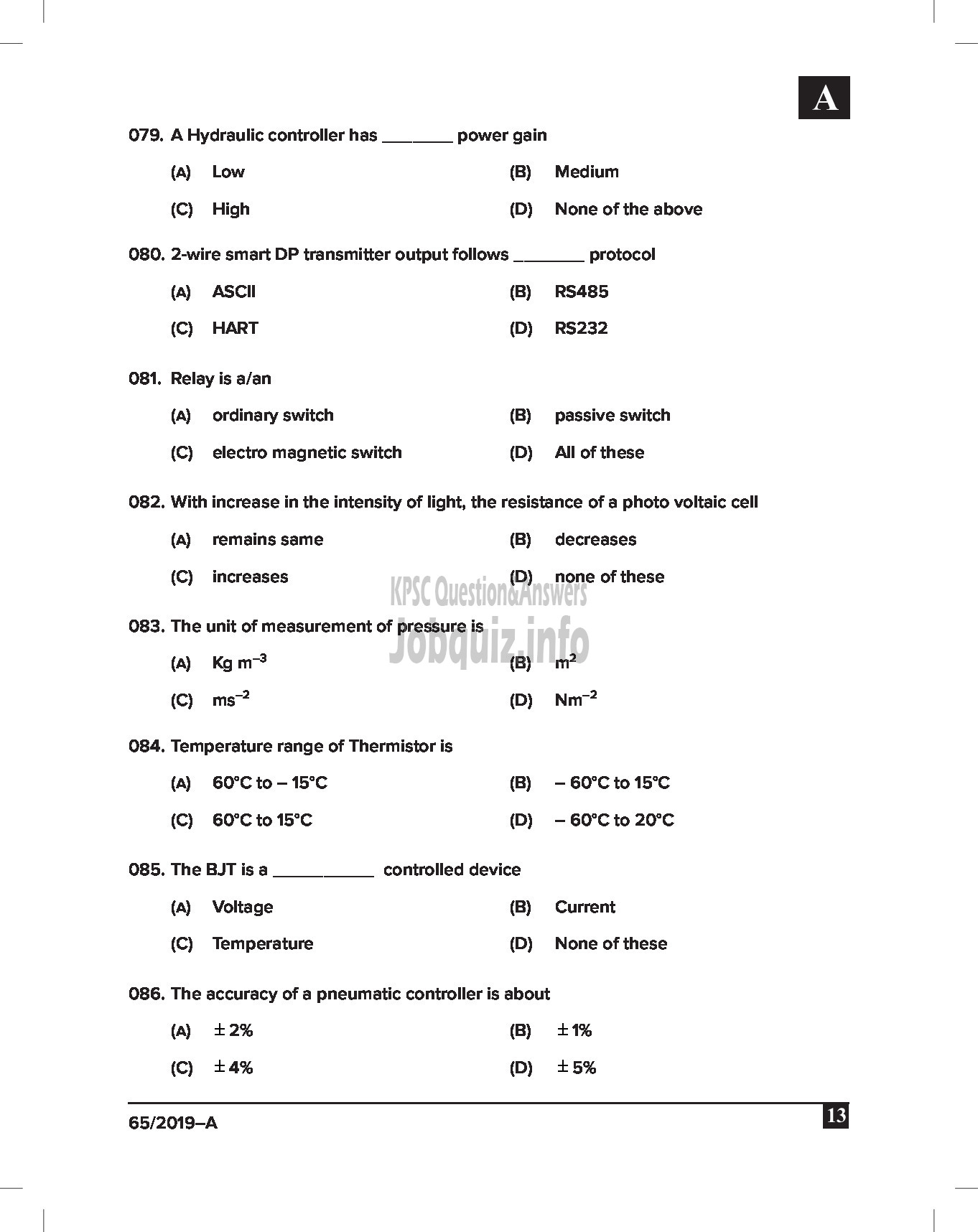 Kerala PSC Question Paper - Junior Instructor (Instrument Mechanic) Industrial Training Dept English -13