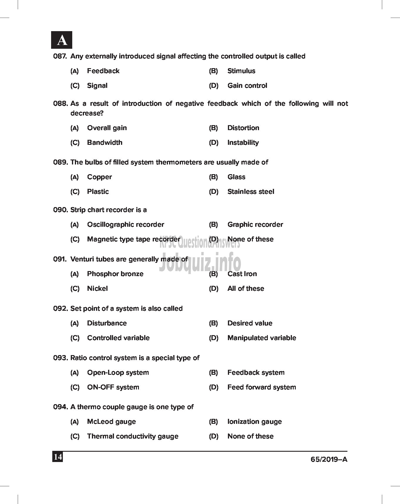 Kerala PSC Question Paper - Junior Instructor (Instrument Mechanic) Industrial Training Dept English -14