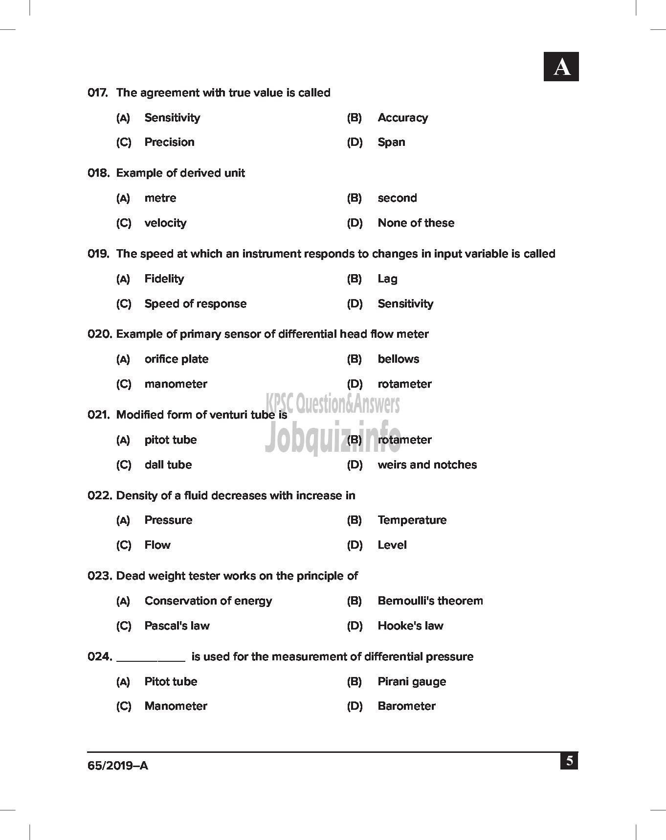 Kerala PSC Question Paper - Junior Instructor (Instrument Mechanic) Industrial Training Dept English -5