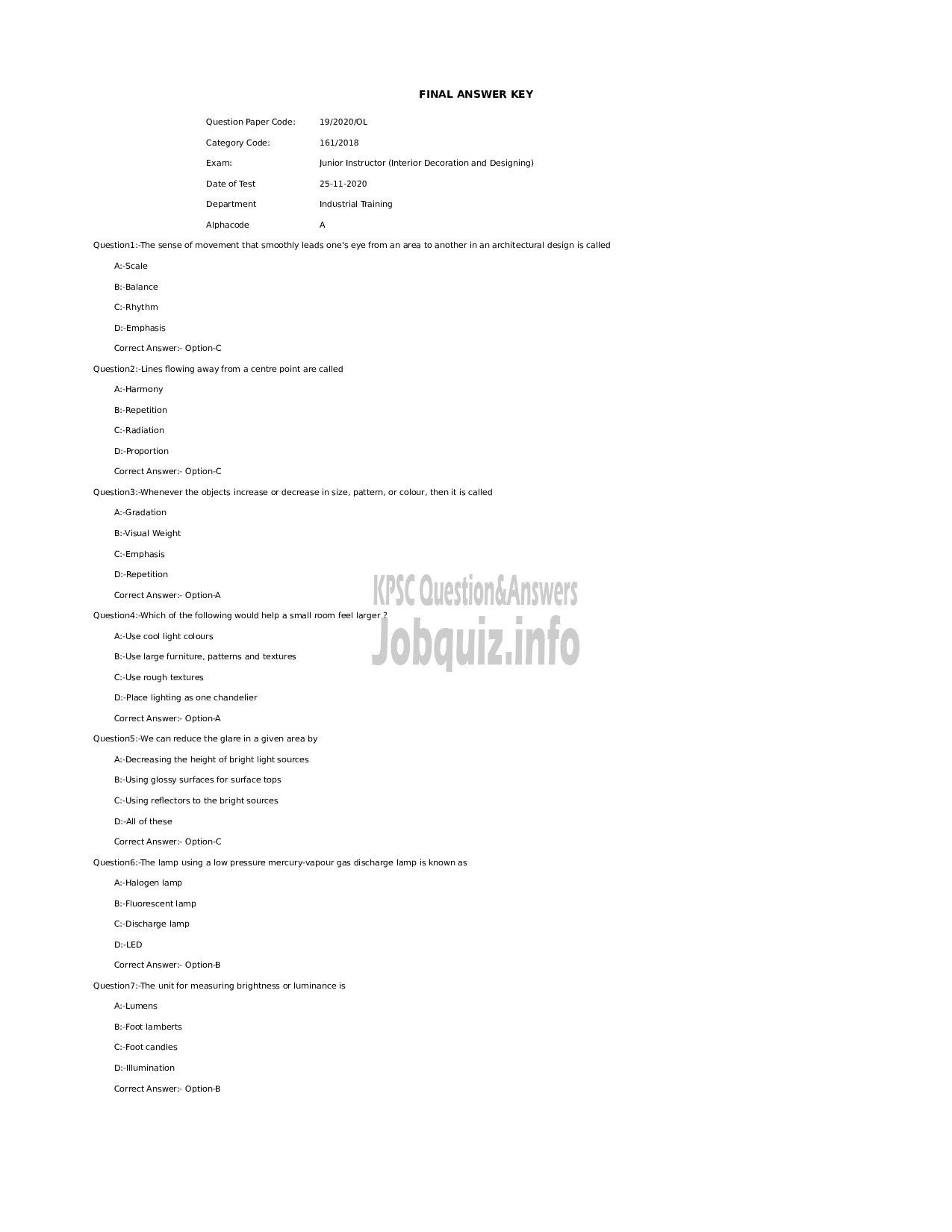 Kerala PSC Question Paper - Junior Instructor (Interior Decoration and Designing)-1