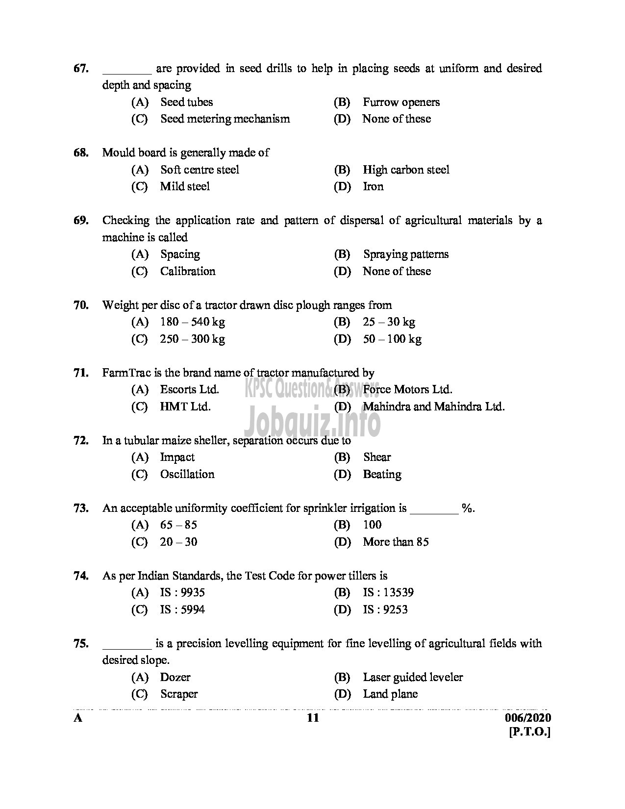 Kerala PSC Question Paper - Junior Instructor (Mechanic Agriculture Machinery) Industrial Training Dept ENGLISH -11