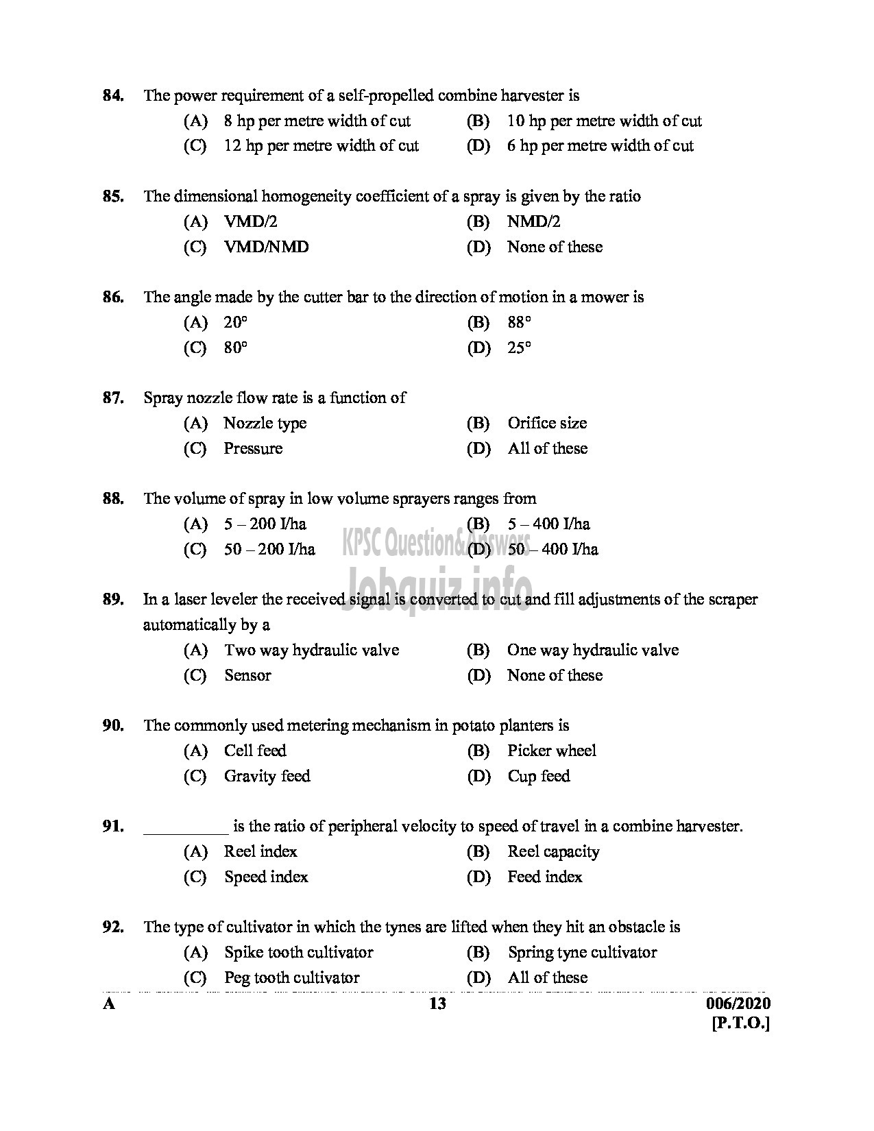 Kerala PSC Question Paper - Junior Instructor (Mechanic Agriculture Machinery) Industrial Training Dept ENGLISH -13