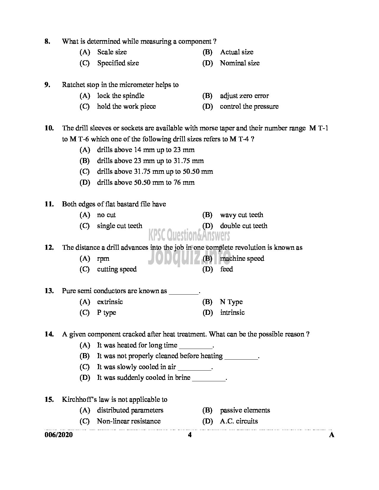Kerala PSC Question Paper - Junior Instructor (Mechanic Agriculture Machinery) Industrial Training Dept ENGLISH -4