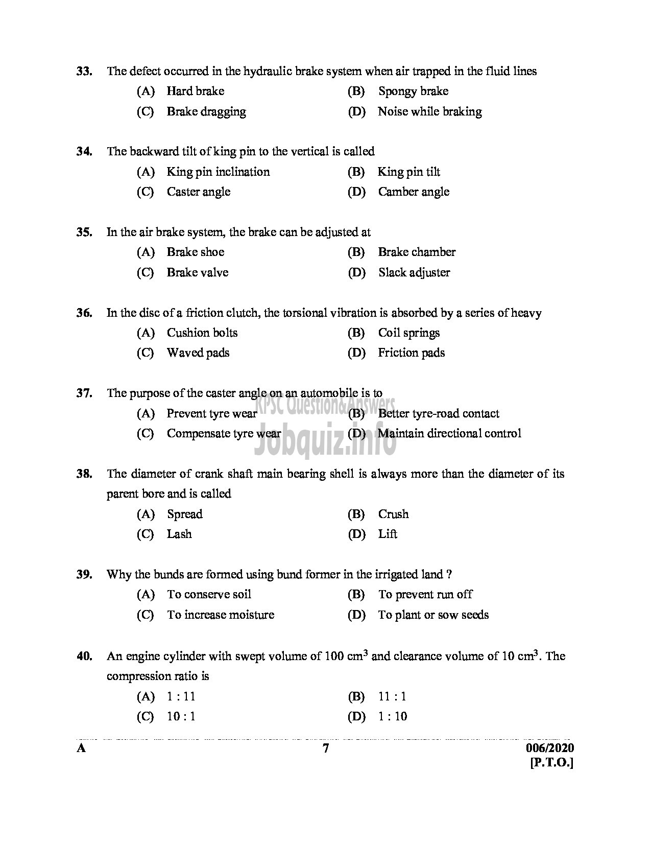 Kerala PSC Question Paper - Junior Instructor (Mechanic Agriculture Machinery) Industrial Training Dept ENGLISH -7