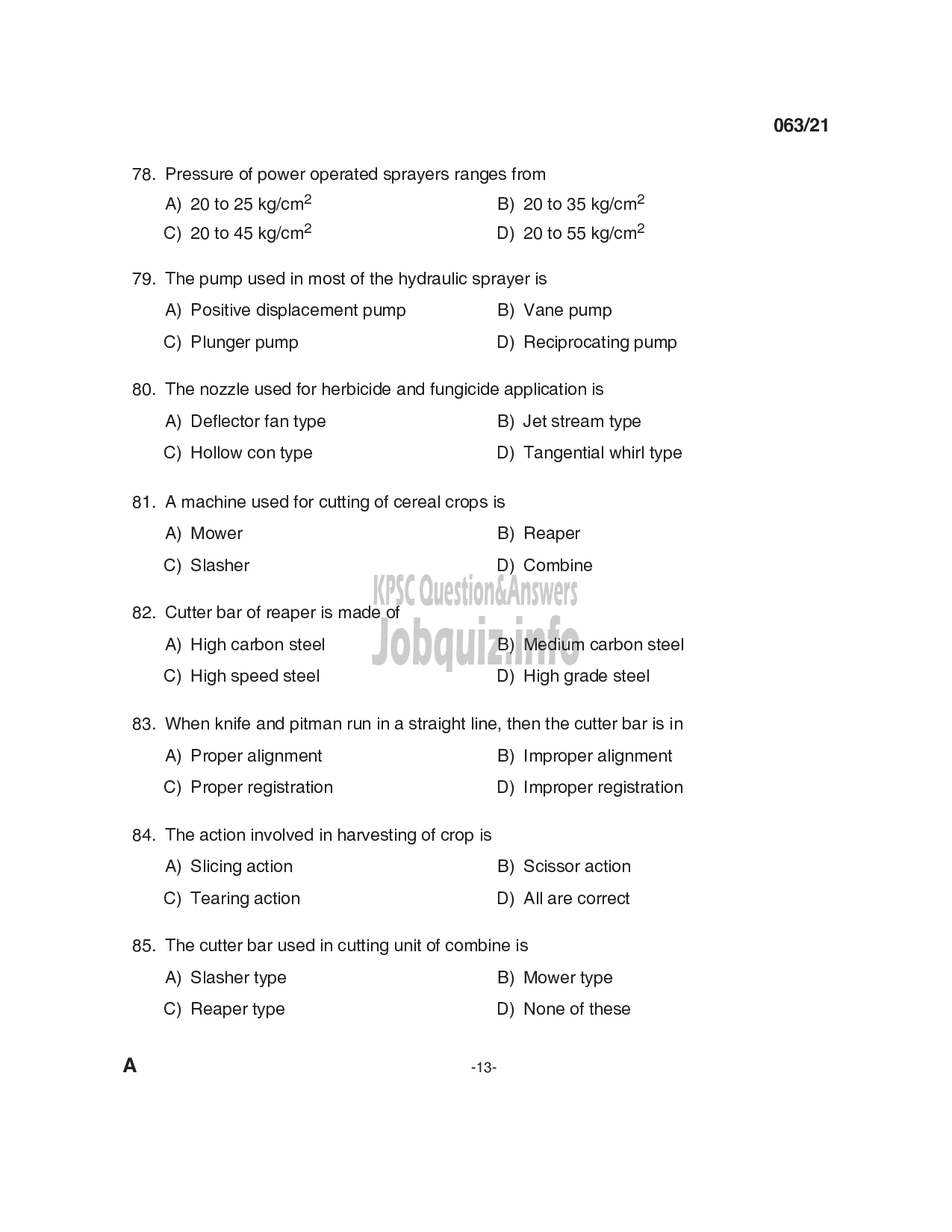 Kerala PSC Question Paper - Junior Instructor Mechanical Agricultural Machinery-13