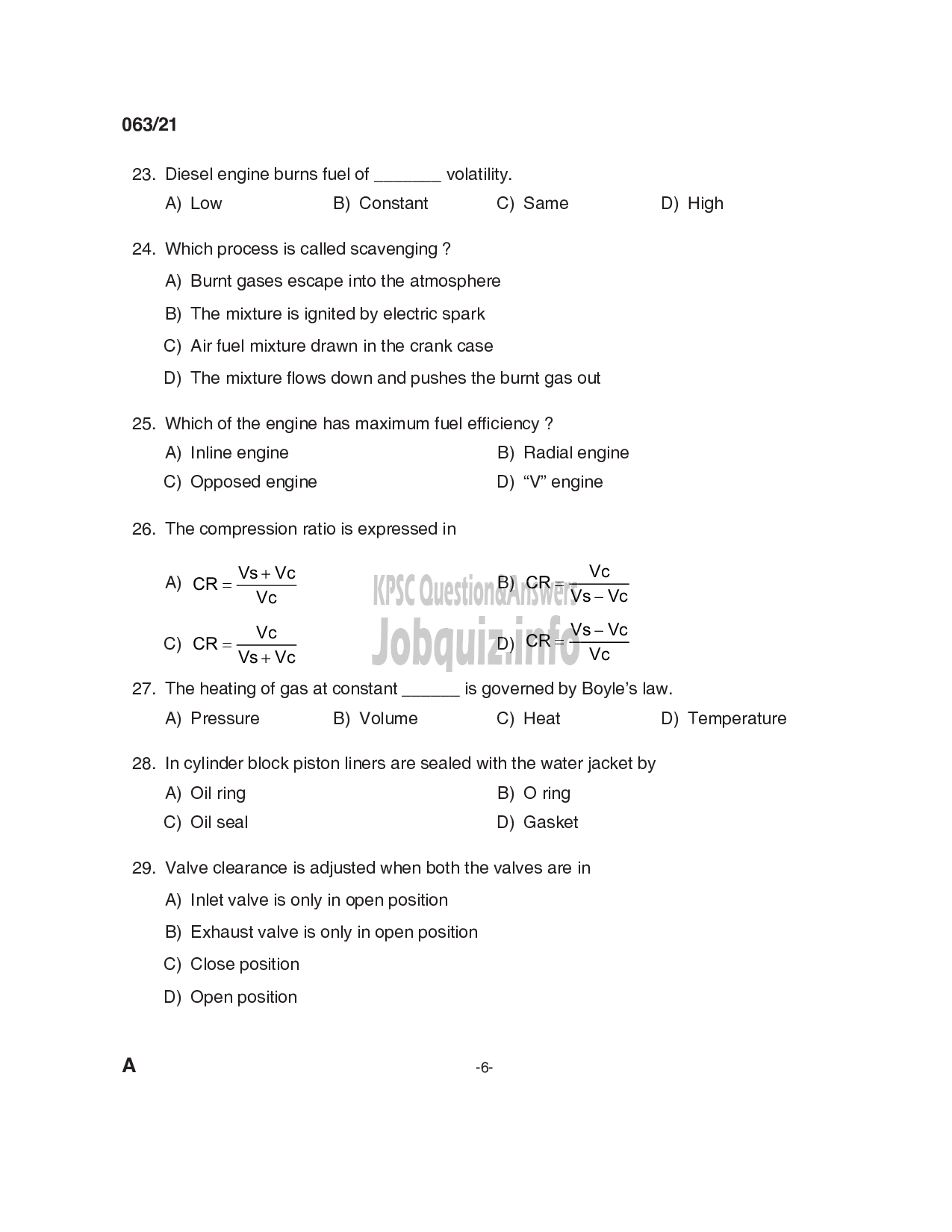 Kerala PSC Question Paper - Junior Instructor Mechanical Agricultural Machinery-6