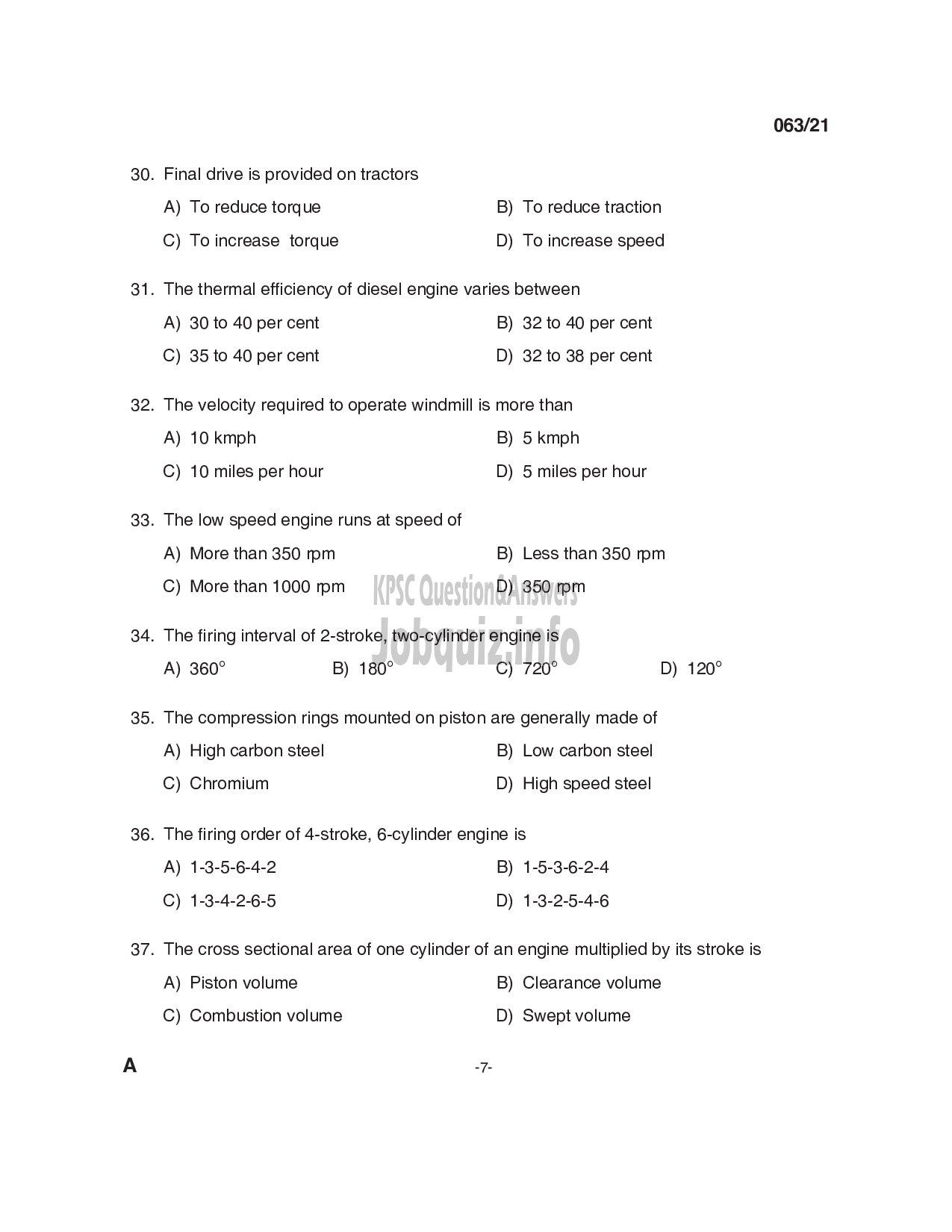 Kerala PSC Question Paper - Junior Instructor Mechanical Agricultural Machinery-7