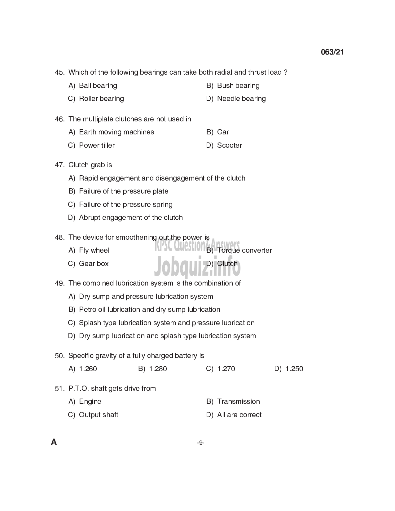 Kerala PSC Question Paper - Junior Instructor Mechanical Agricultural Machinery-9