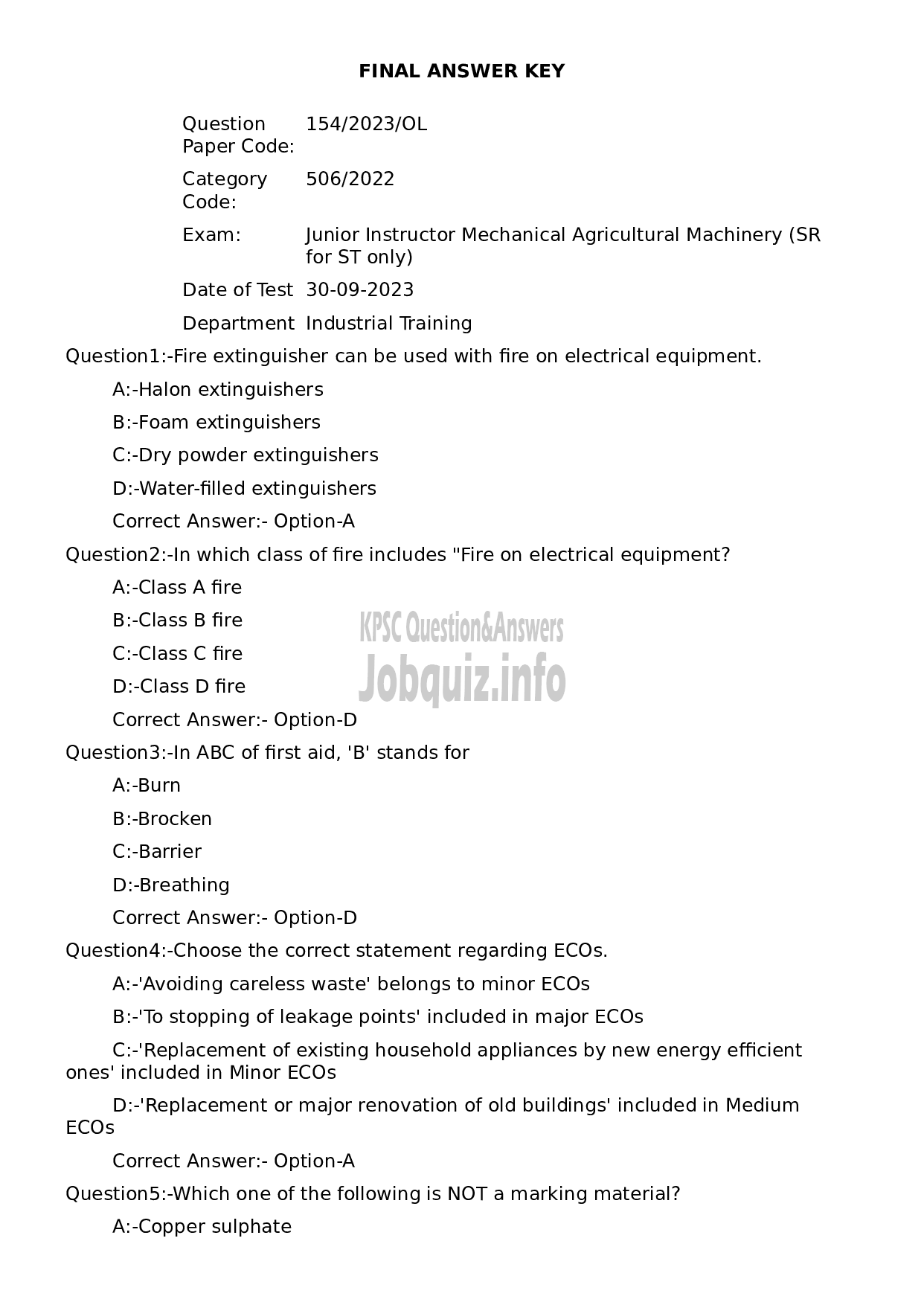 Kerala PSC Question Paper - Junior Instructor Mechanical Agricultural Machinery (SR for ST only)-1