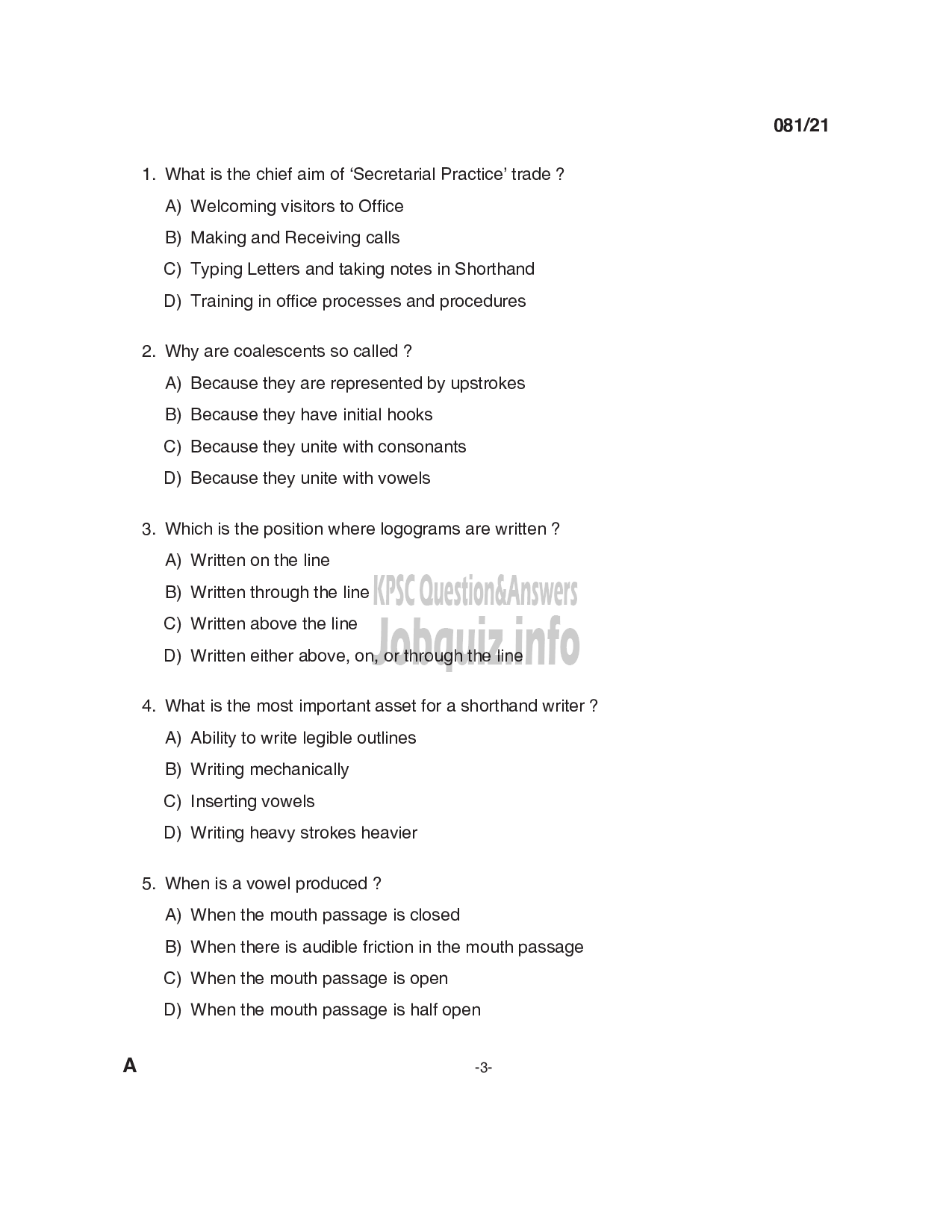Kerala PSC Question Paper - Junior Instructor (Secretarial Practice- English) (SR from among SC/ST) -Industrial Training-3