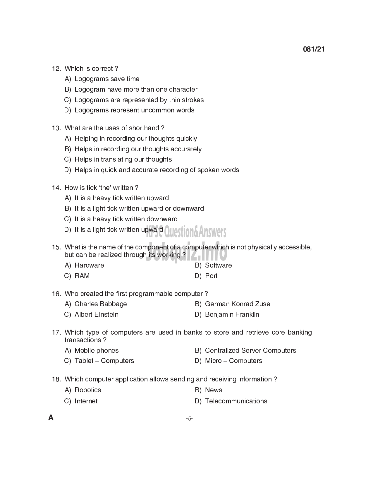 Kerala PSC Question Paper - Junior Instructor (Secretarial Practice- English) (SR from among SC/ST) -Industrial Training-5