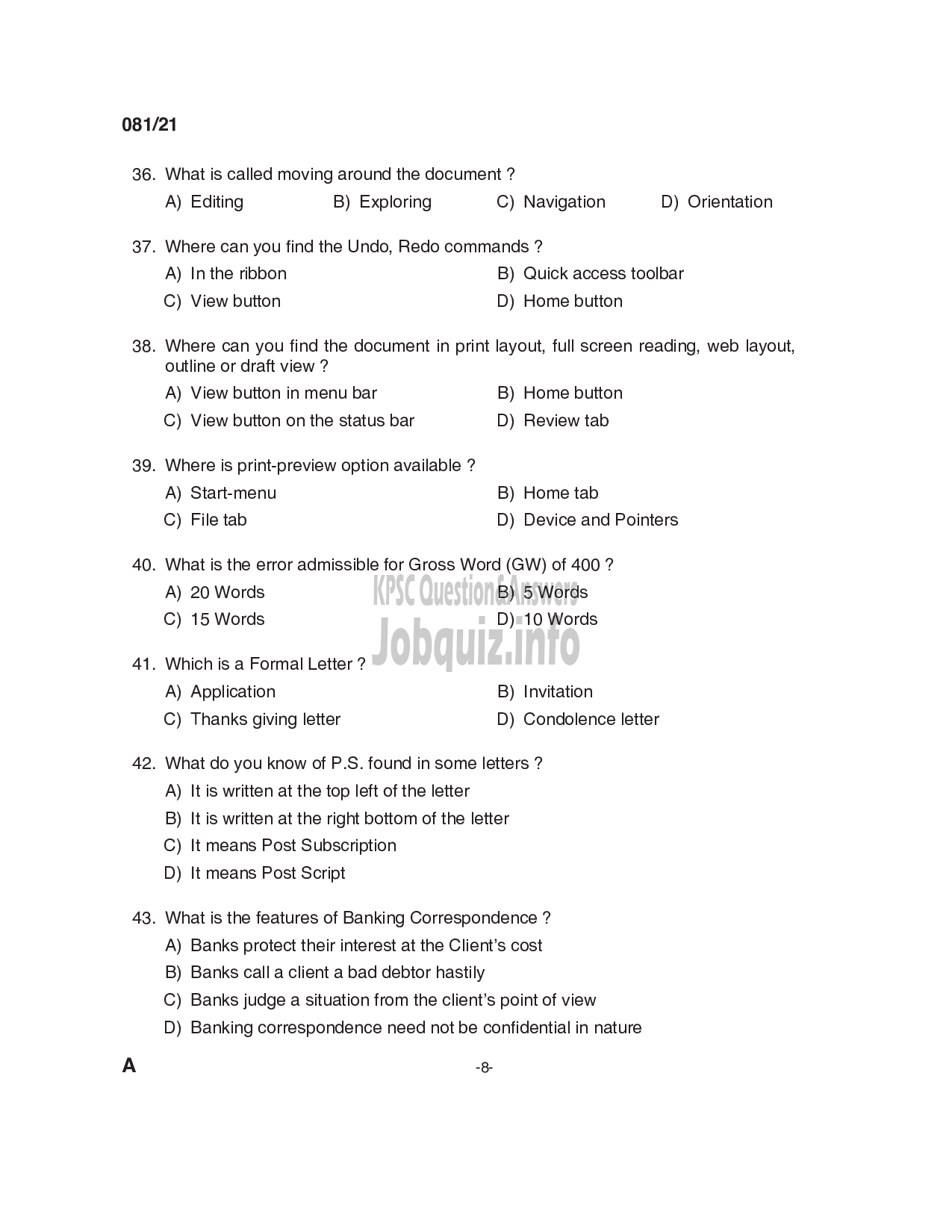 Kerala PSC Question Paper - Junior Instructor (Secretarial Practice- English) (SR from among SC/ST) -Industrial Training-8