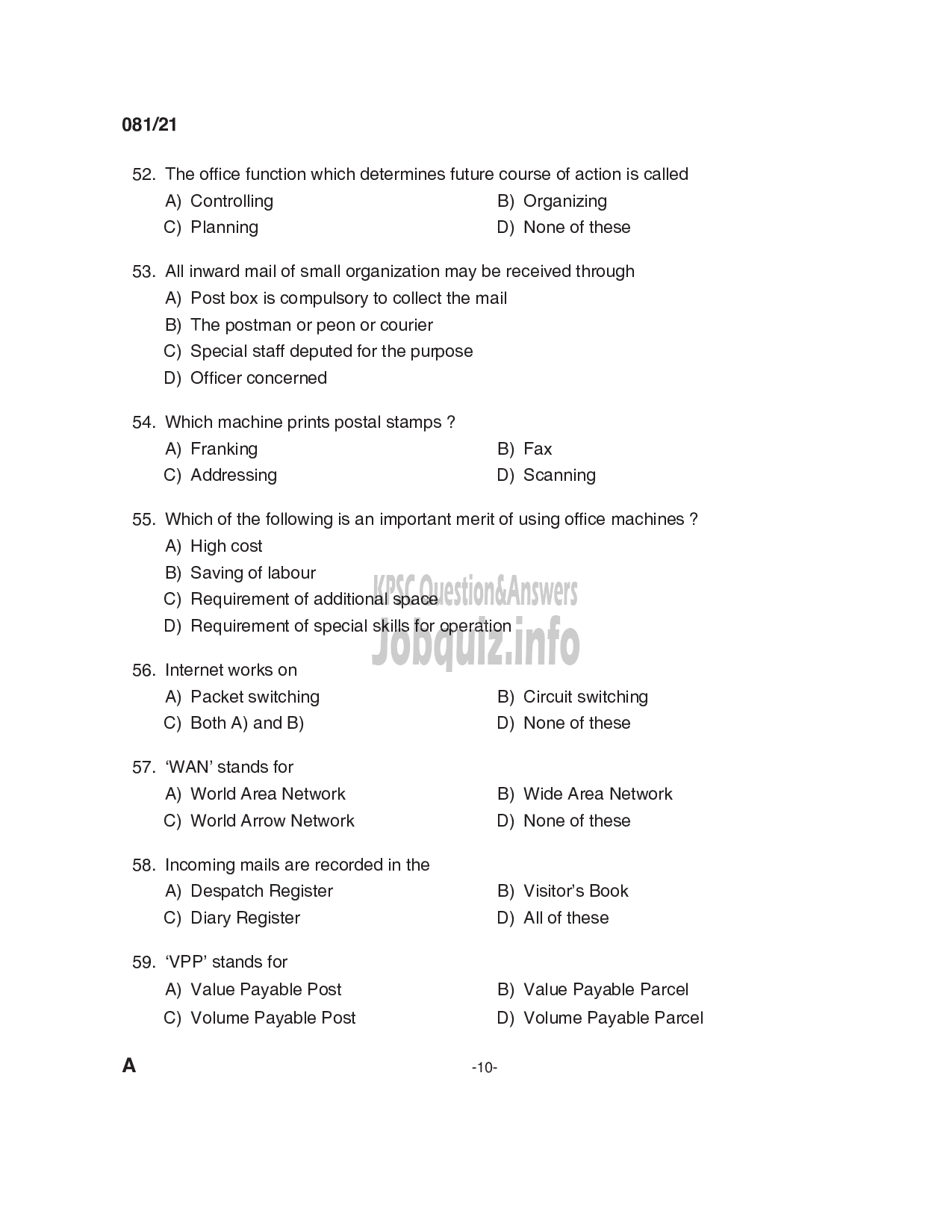 Kerala PSC Question Paper - Junior Instructor (Secretarial Practice- English) (SR from among SC/ST) -Industrial Training-10
