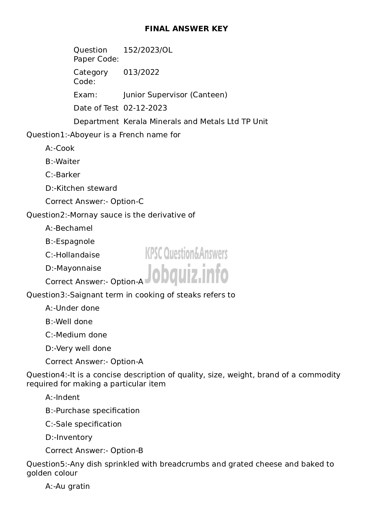 Kerala PSC Question Paper - Junior Supervisor (Canteen)-1