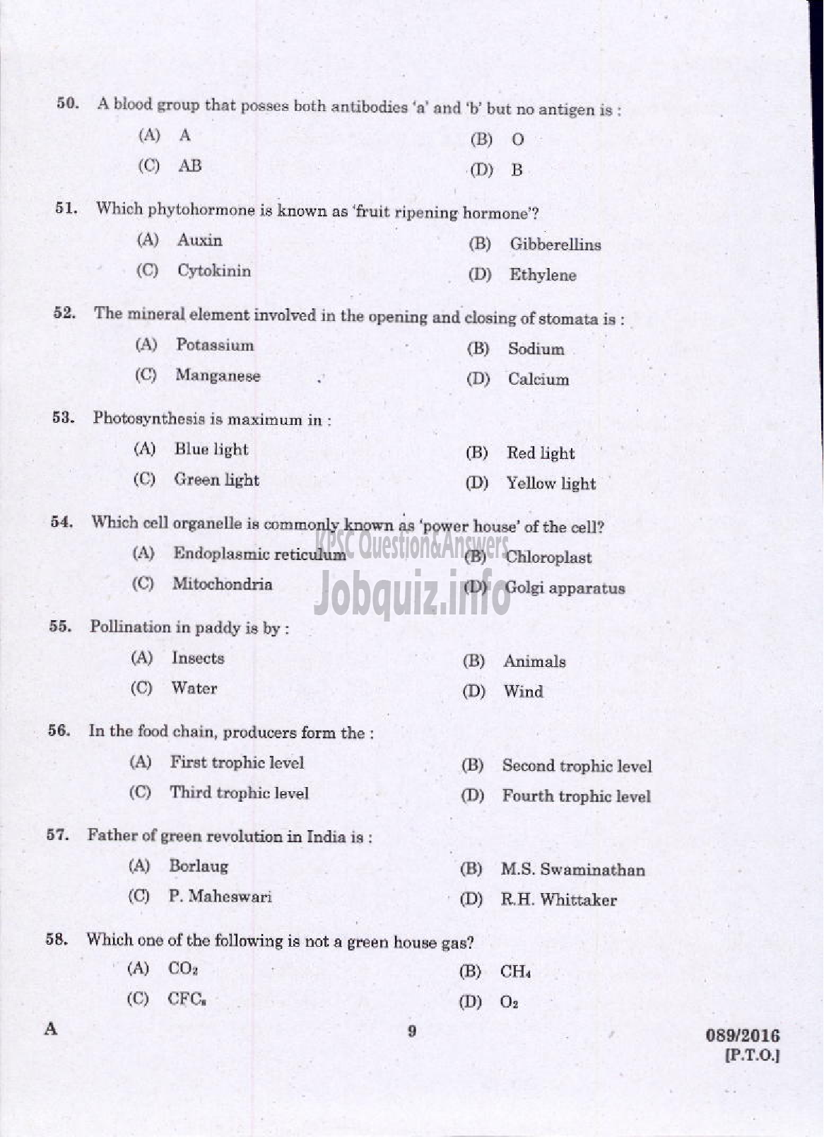 Kerala PSC Question Paper - LABORATORY ASSISTANT KHSE-7