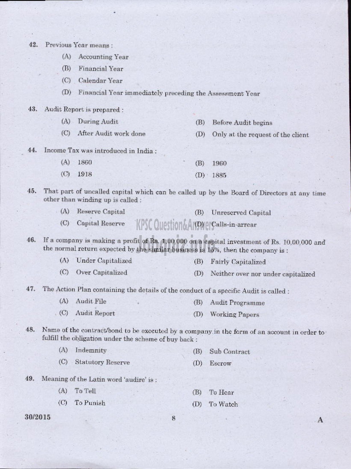 Kerala PSC Question Paper - LABORATORY TECHNICAL ASSISTANT ACCOUNTING AND AUDITING VHSE-6