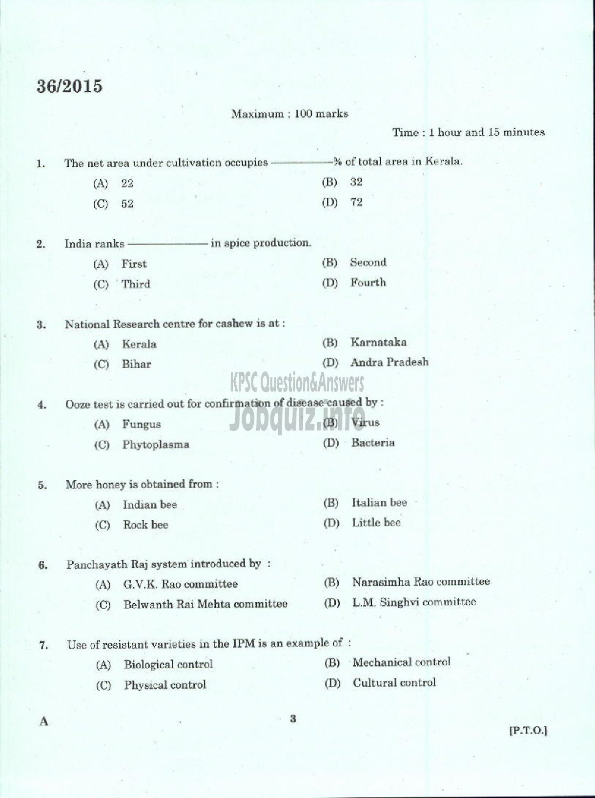 Kerala PSC Question Paper - LABORATORY TECHNICAL ASSISTANT AGRICULTRURE PLANT PROTECTION VHSE-1