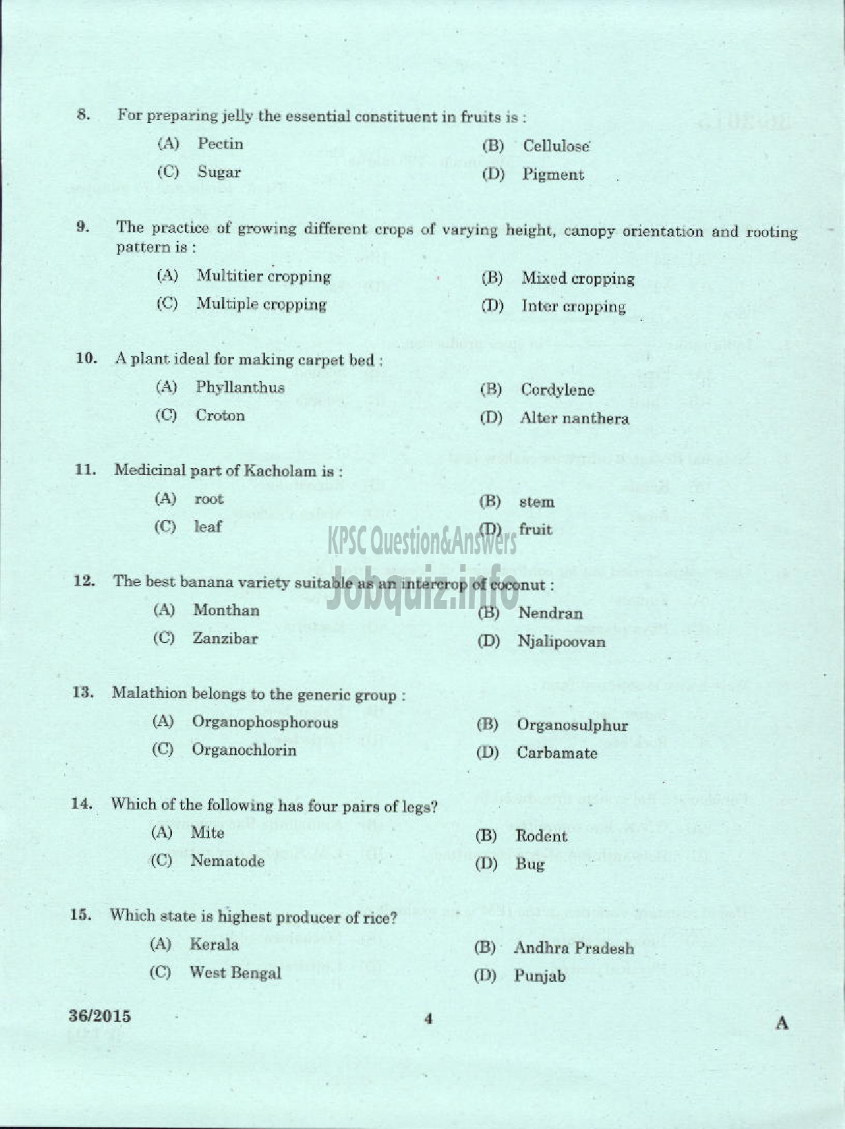 Kerala PSC Question Paper - LABORATORY TECHNICAL ASSISTANT AGRICULTRURE PLANT PROTECTION VHSE-2