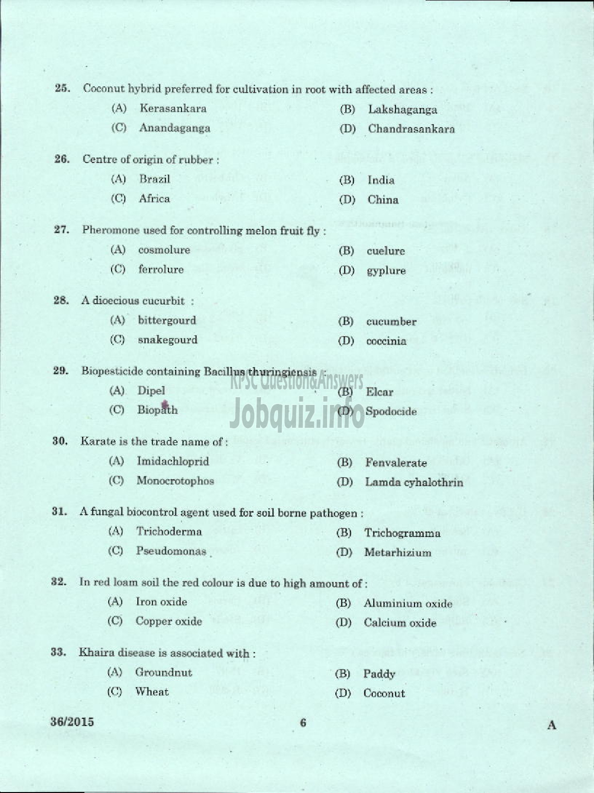 Kerala PSC Question Paper - LABORATORY TECHNICAL ASSISTANT AGRICULTRURE PLANT PROTECTION VHSE-4